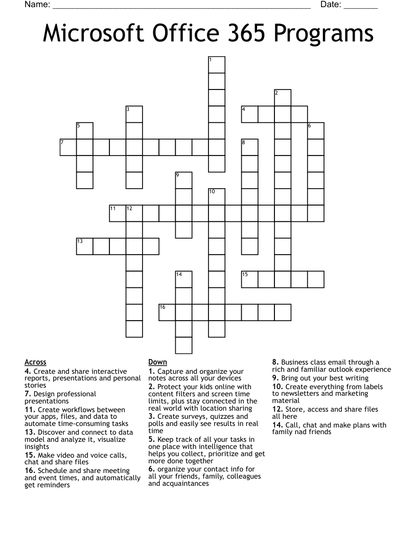 Microsoft Office 365 Programs Crossword
