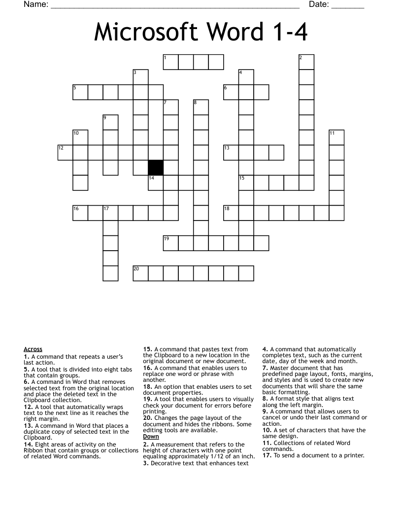 Microsoft Word 1-4 Crossword