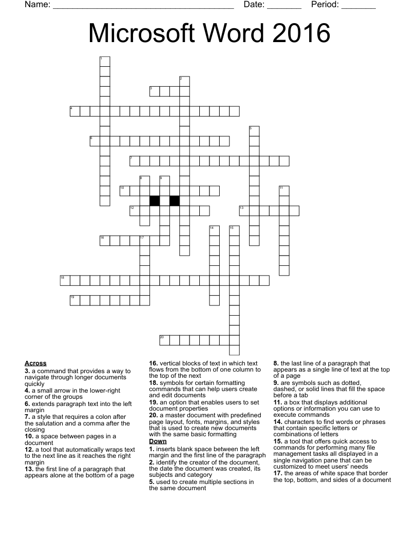 Microsoft Word 2016 Crossword