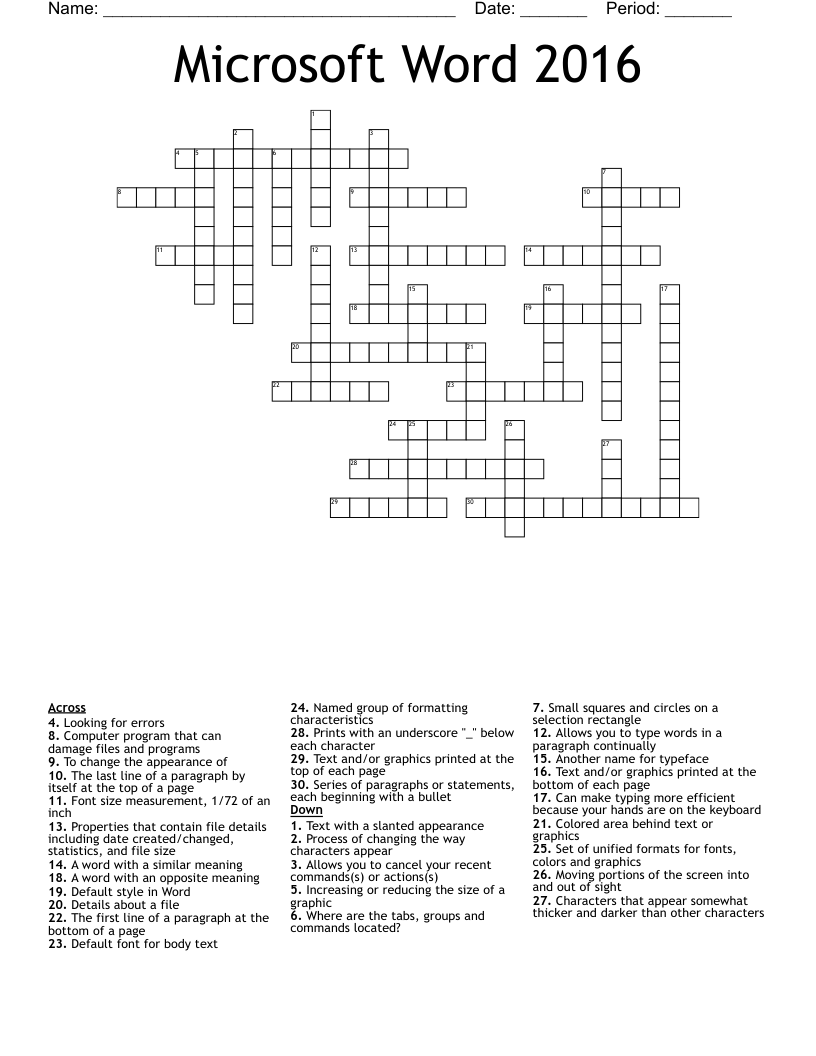 Microsoft Word 2016 Crossword