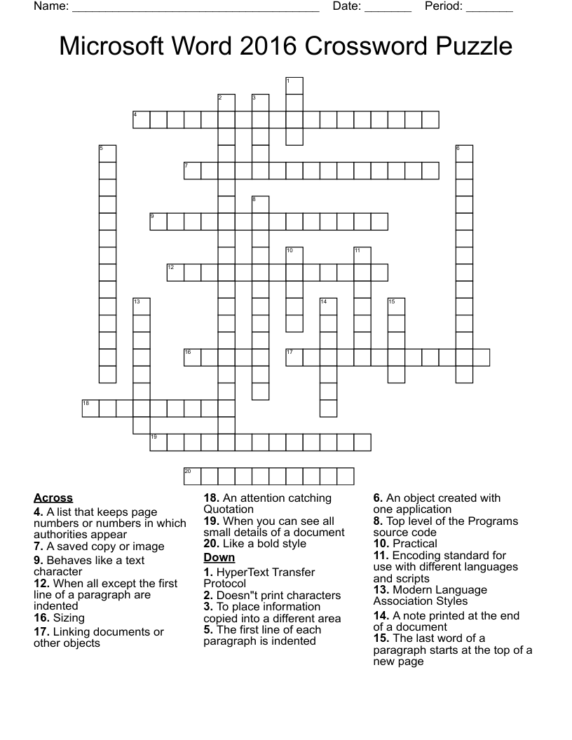 Microsoft Word 2016 Crossword Puzzle