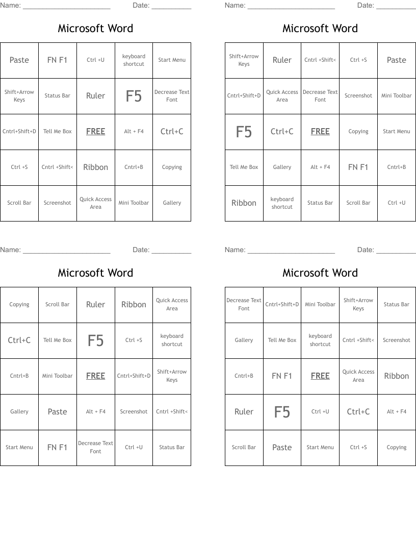 Microsoft Word Bingo Cards