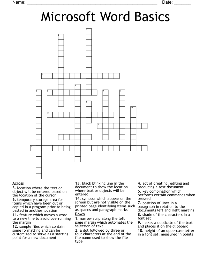 Microsoft Word Basics  Crossword