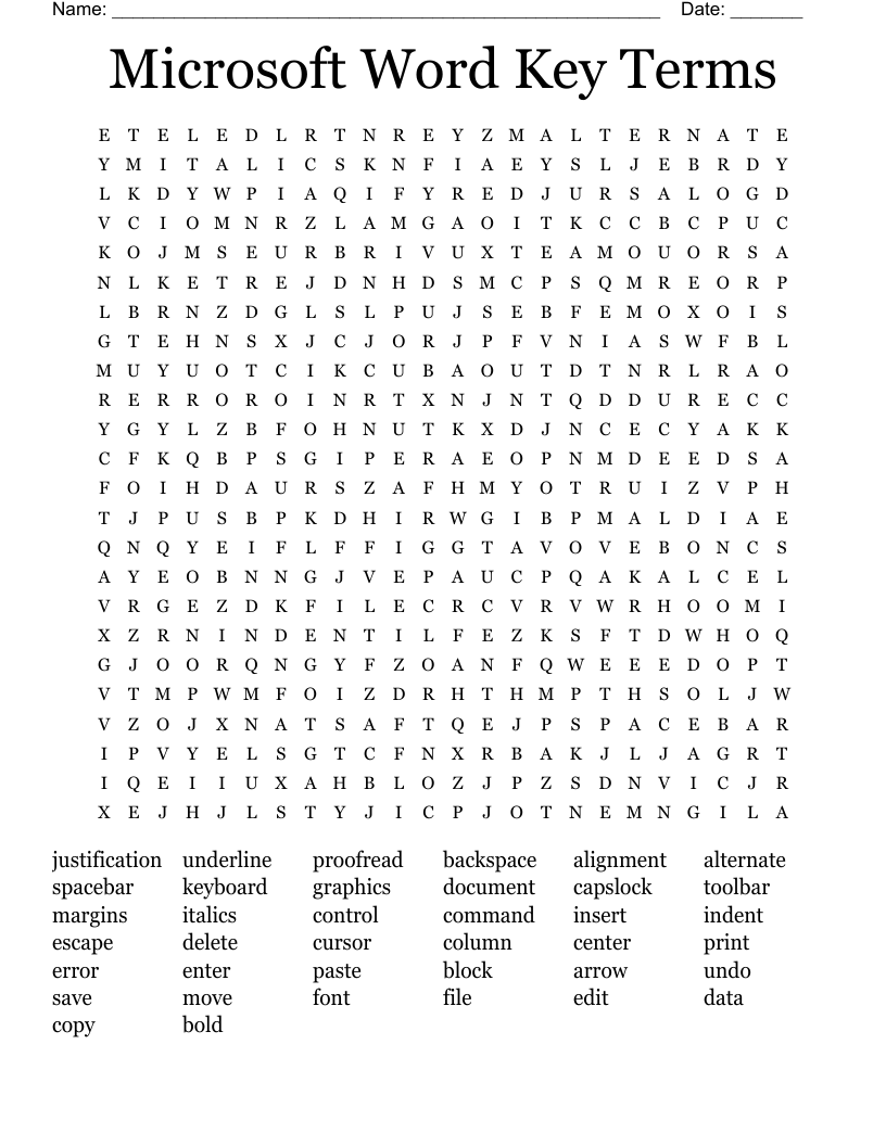 Microsoft Word Key Terms Word Search