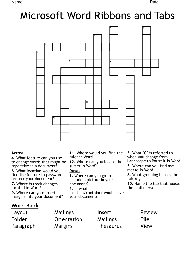 Microsoft Word Ribbons and Tabs Crossword