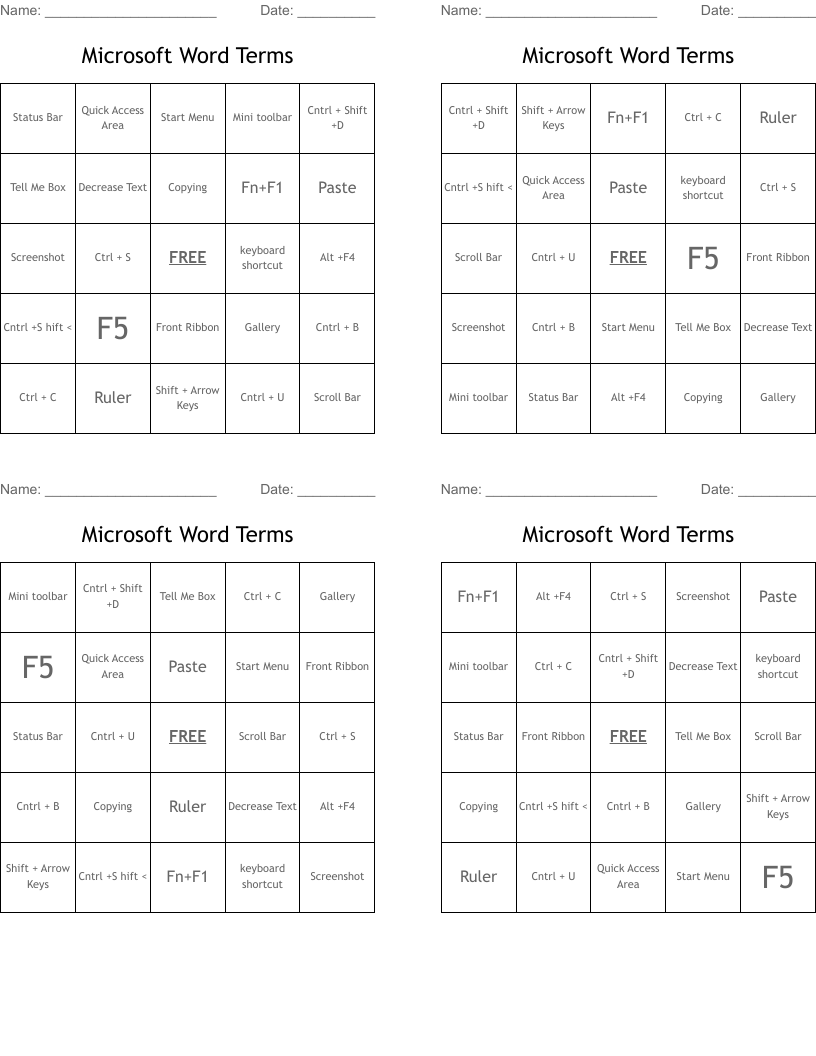 Microsoft Word Terms Bingo Cards
