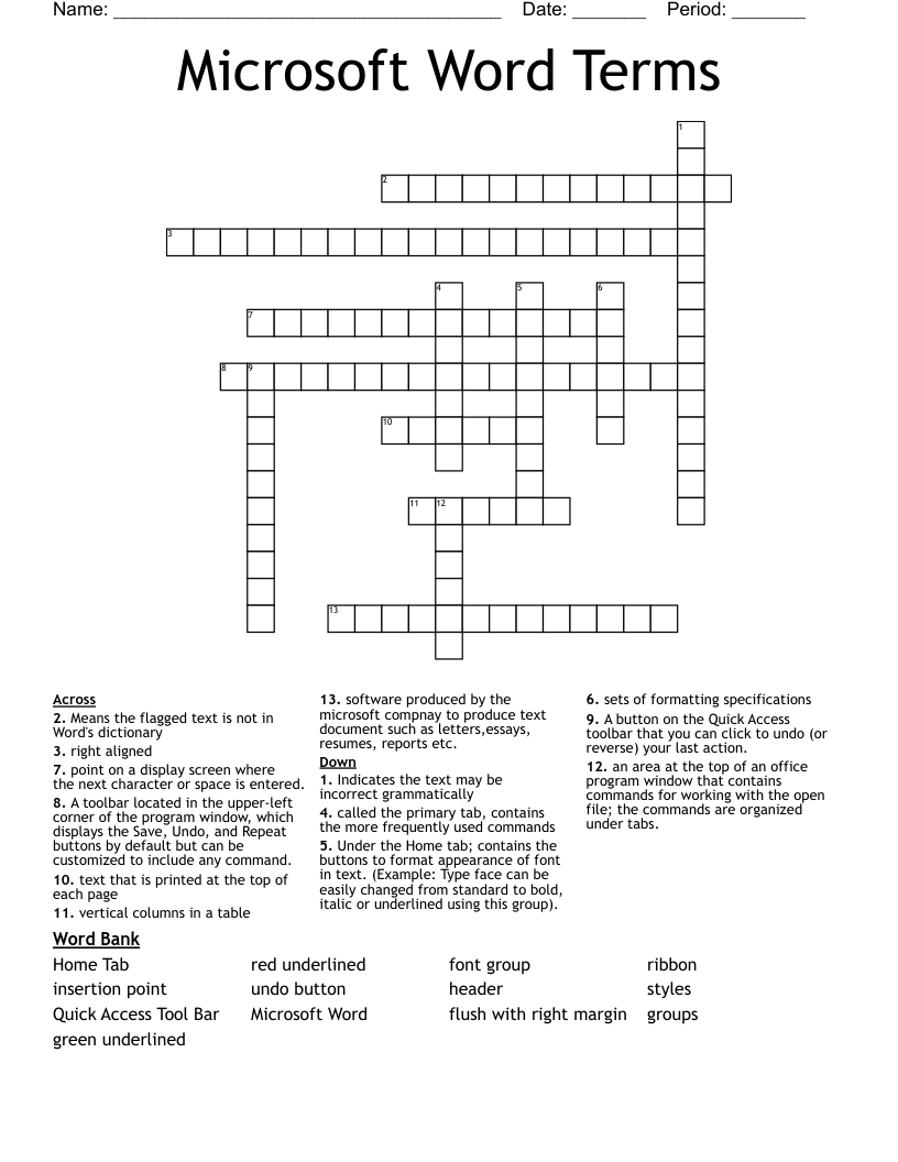 Microsoft Word Terms Crossword