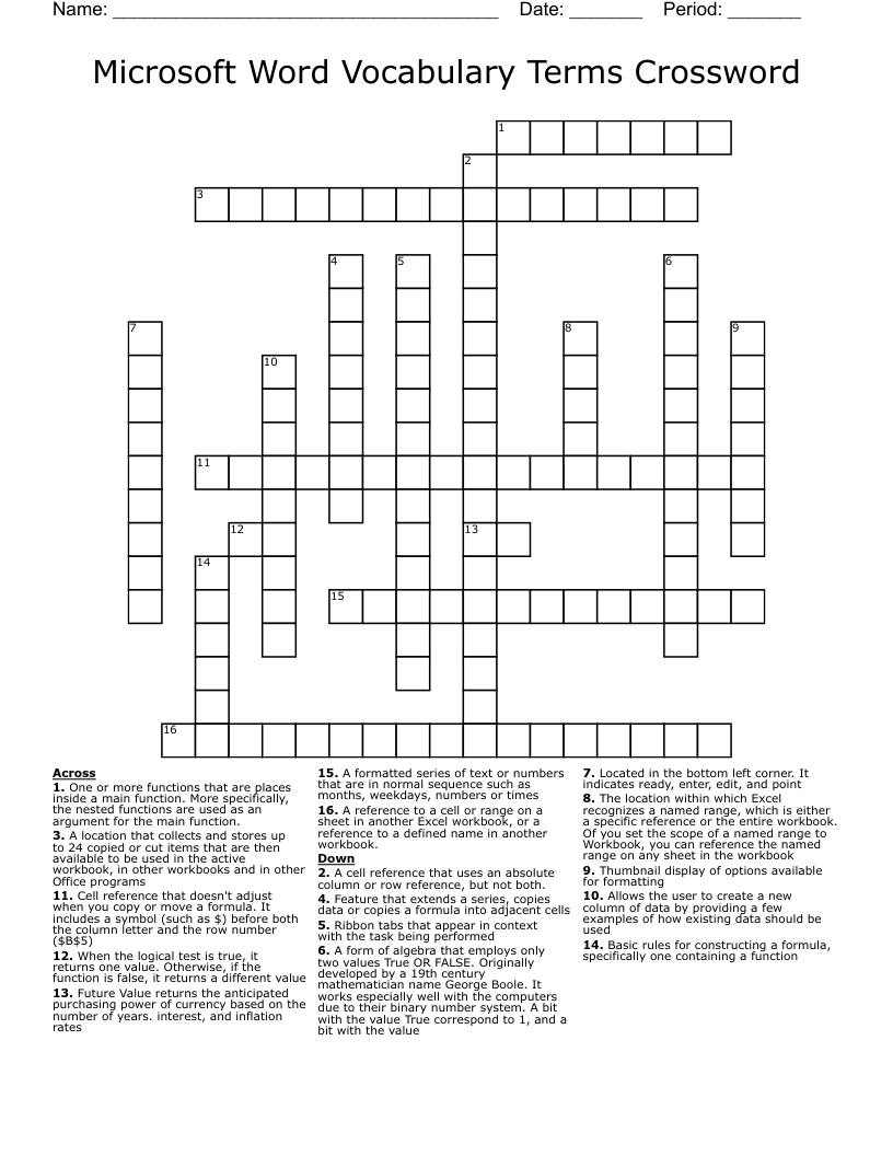 Microsoft Word Vocabulary Terms Crossword