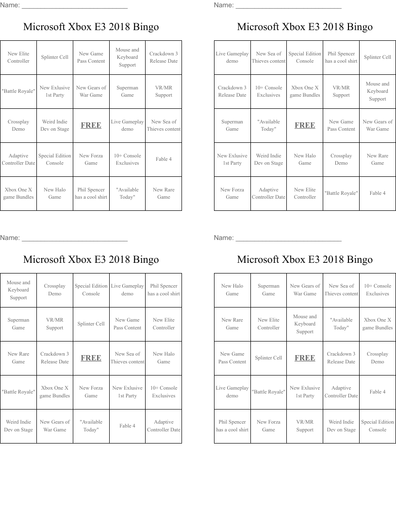 Microsoft Xbox E3 2018 Bingo 