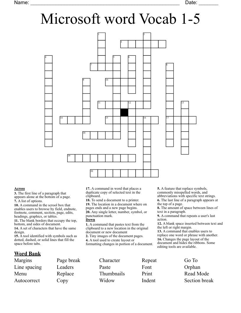 Microsoft word Vocab 1-5 Crossword