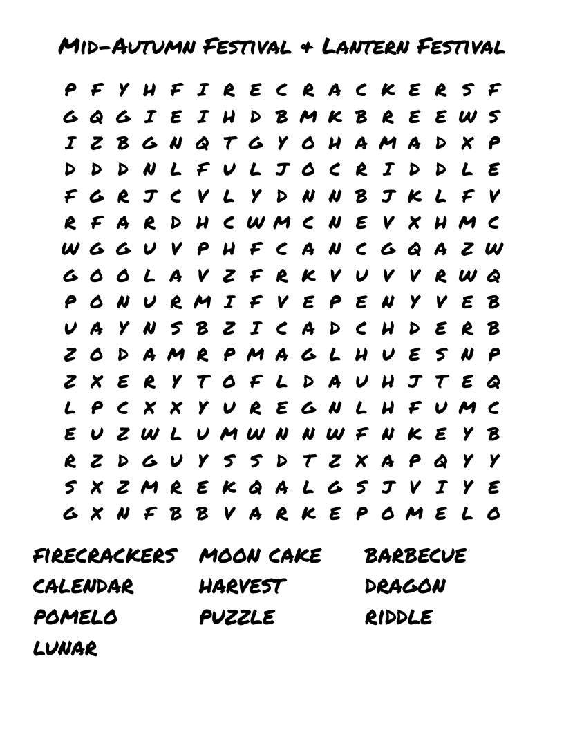 Mid-Autumn Festival & Lantern Festival Word Search