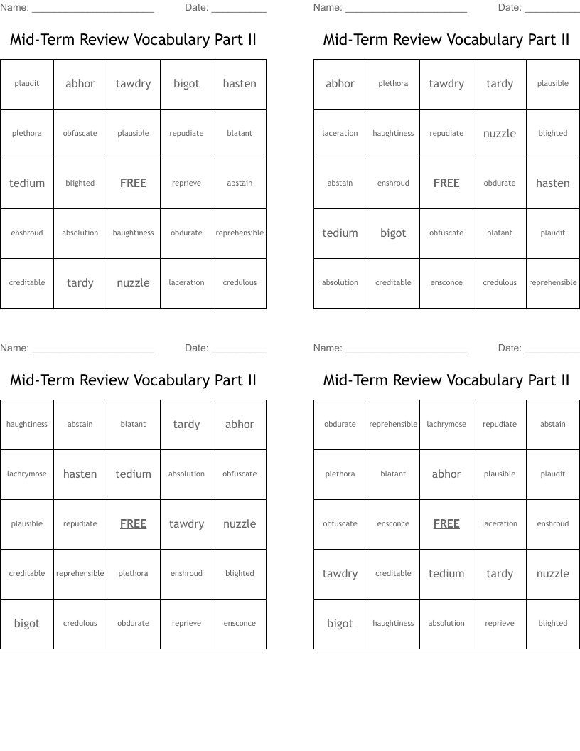 Mid-Term Review Vocabulary Part II Bingo Cards