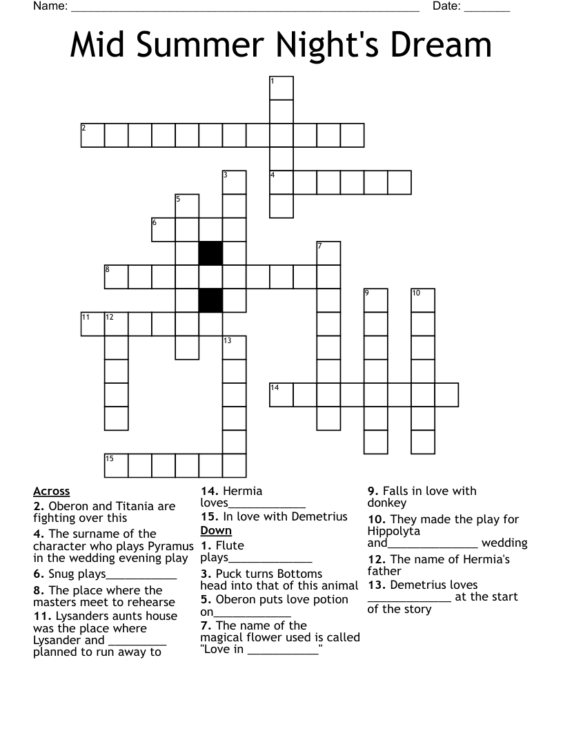 Mid Summer Night's Dream Crossword