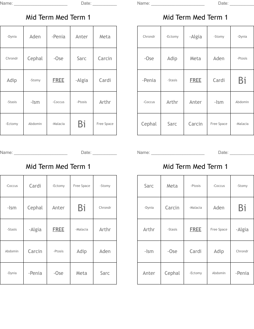 Mid Term Med Term 1  Bingo Cards