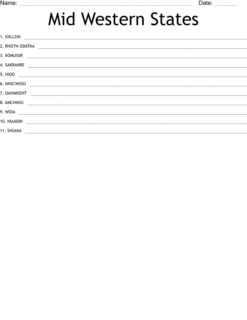 Mid Western States Word Scramble