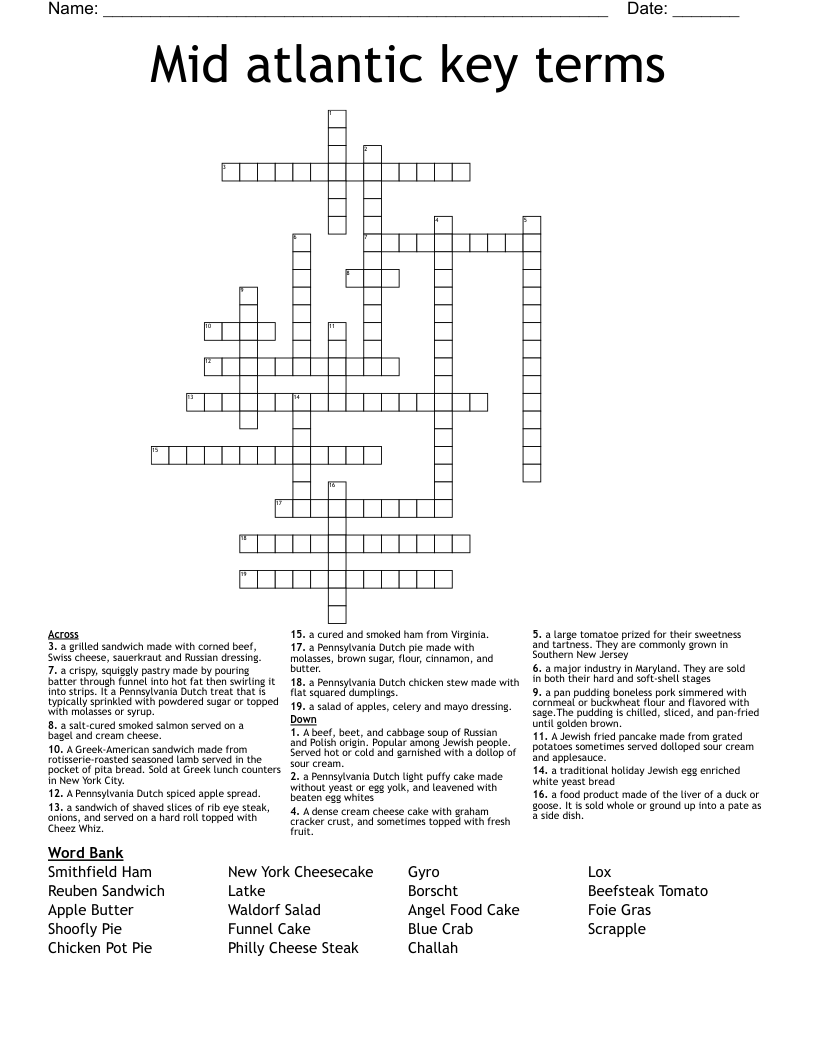 Mid atlantic key terms Crossword
