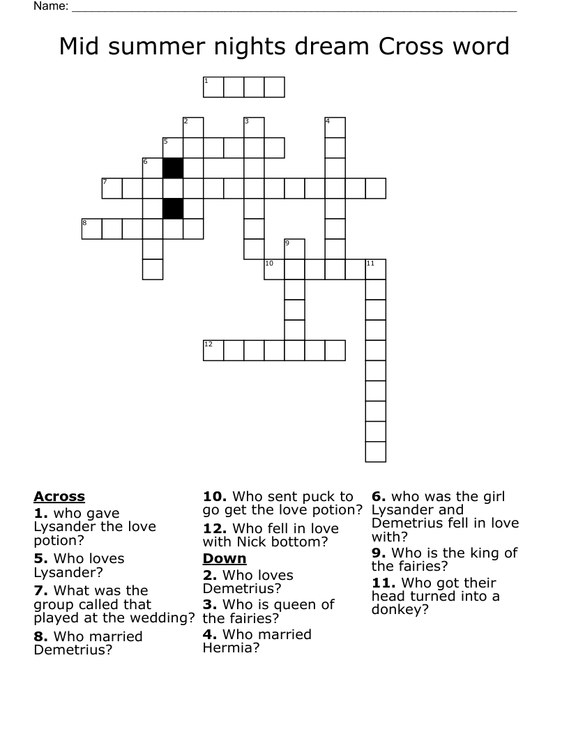 Mid summer nights dream Cross word