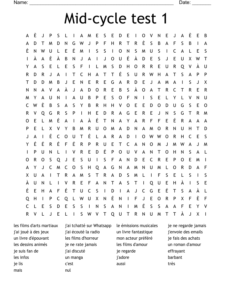 Mid-cycle test 1 Word Search