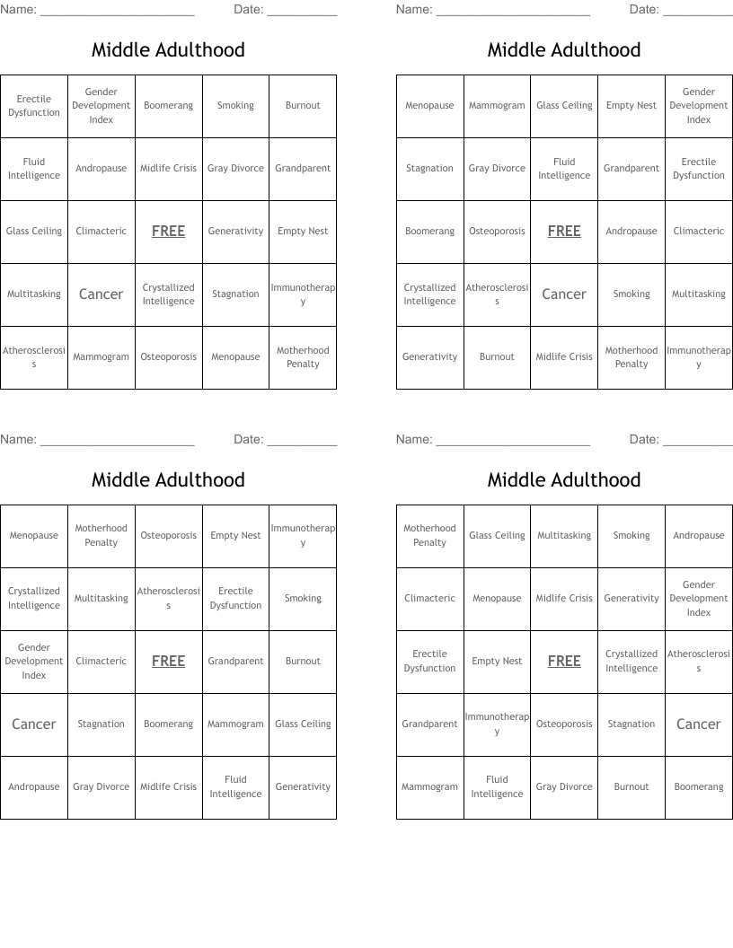Middle Adulthood Bingo Cards