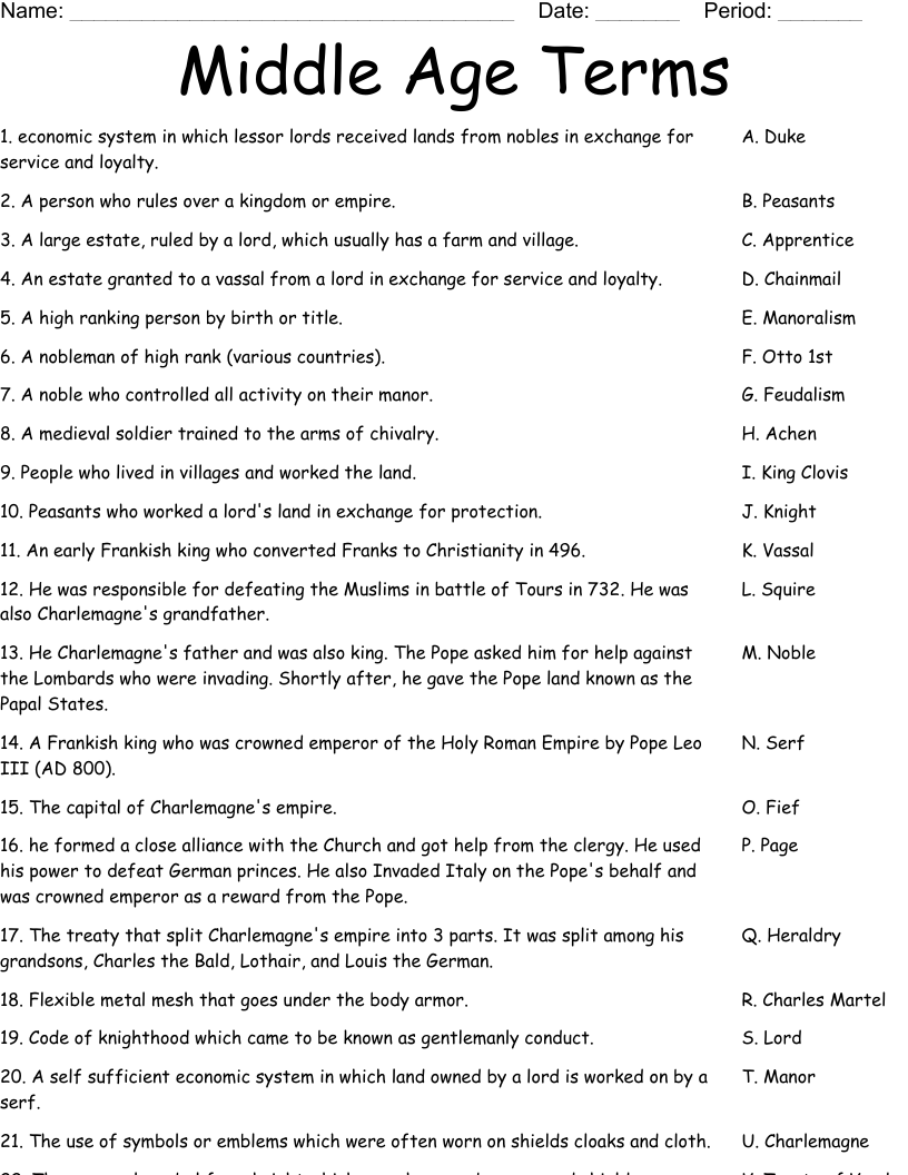 Middle Age Terms Worksheet