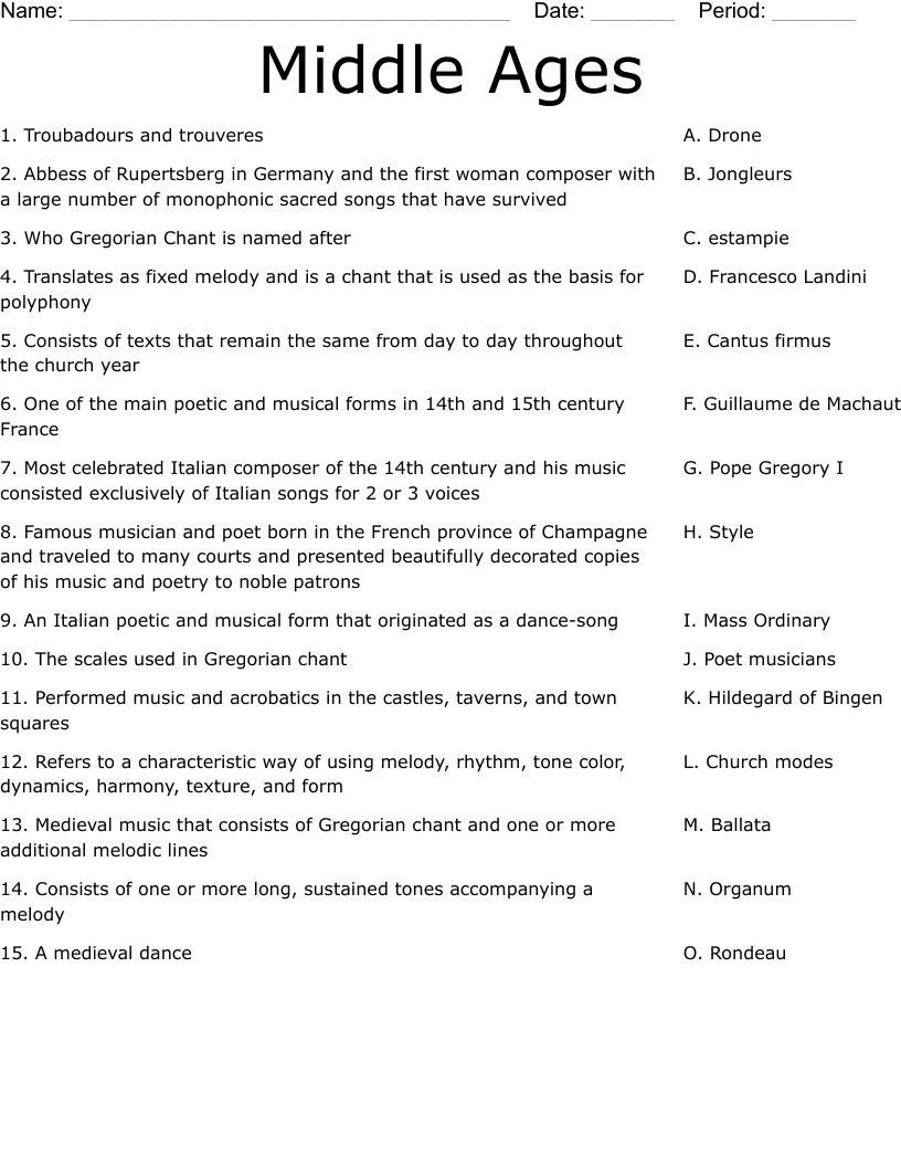 Middle Ages Worksheet