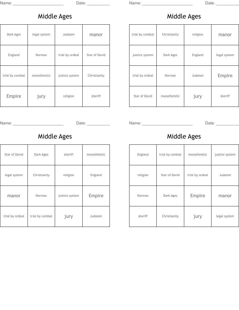 Middle Ages Bingo Cards