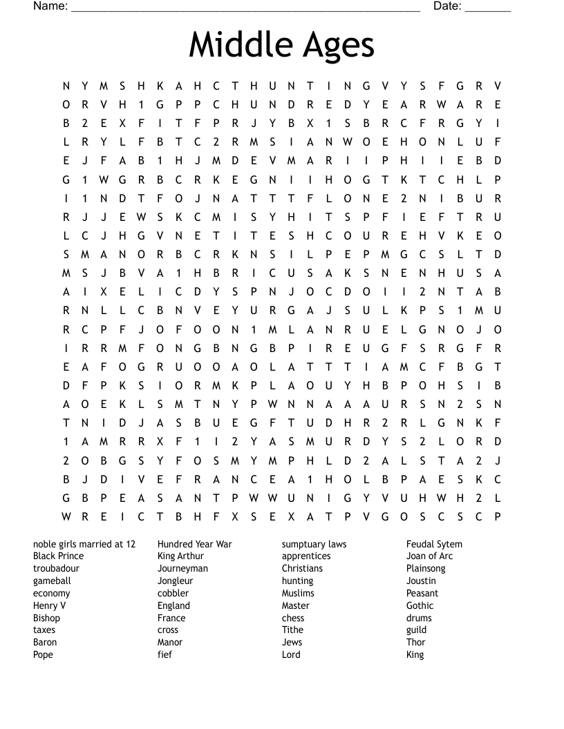 Middle Ages Word Search