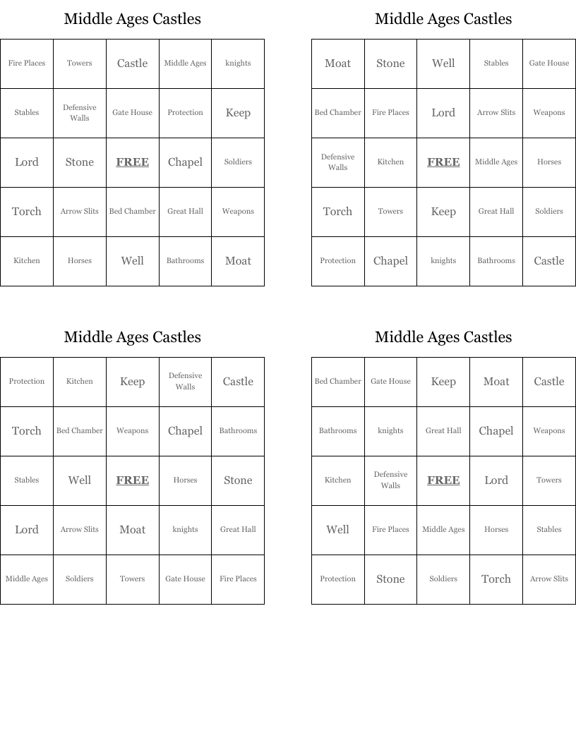 Middle Ages Castles  Bingo Cards