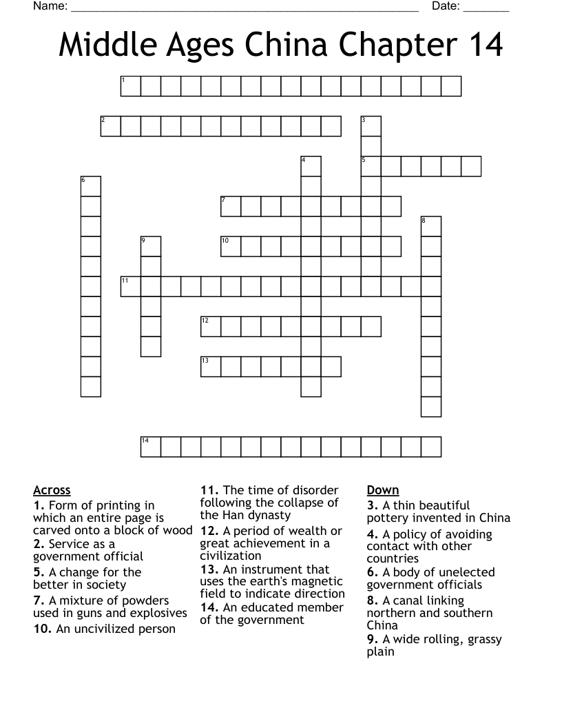 Middle Ages China Chapter 14 Crossword