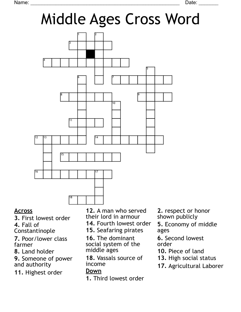 Middle Ages Cross Word 