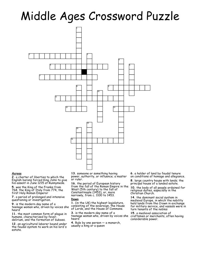 Middle Ages Crossword Puzzle