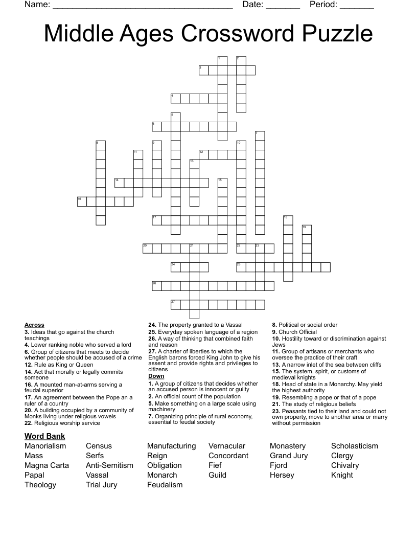 Middle Ages Crossword Puzzle