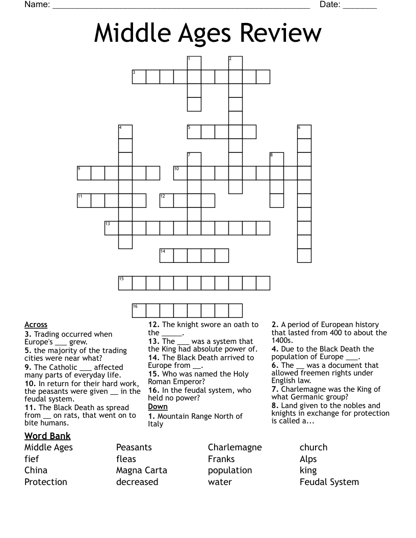 Middle Ages Review  Crossword