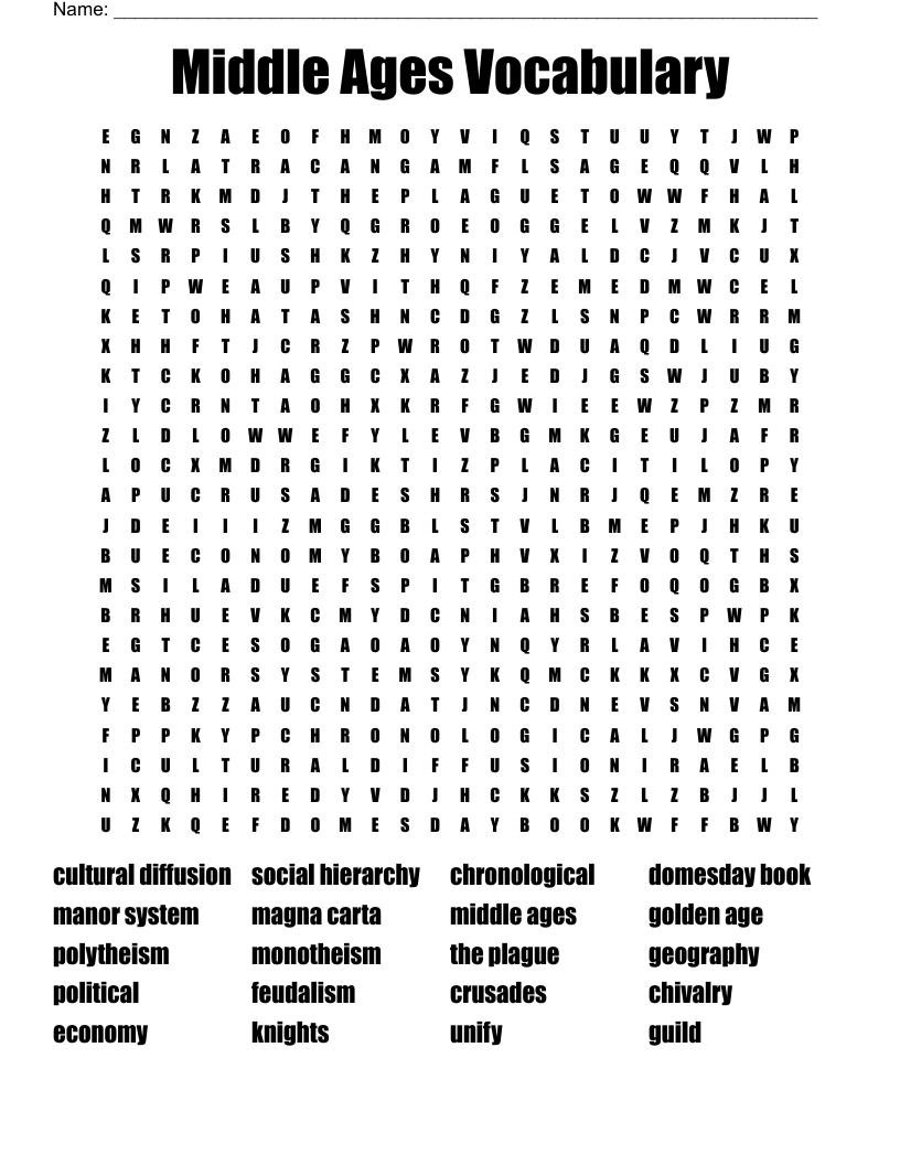 Middle Ages Vocabulary Word Search