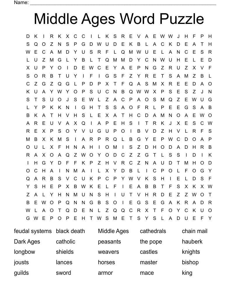 Middle Ages Word Puzzle Word Search