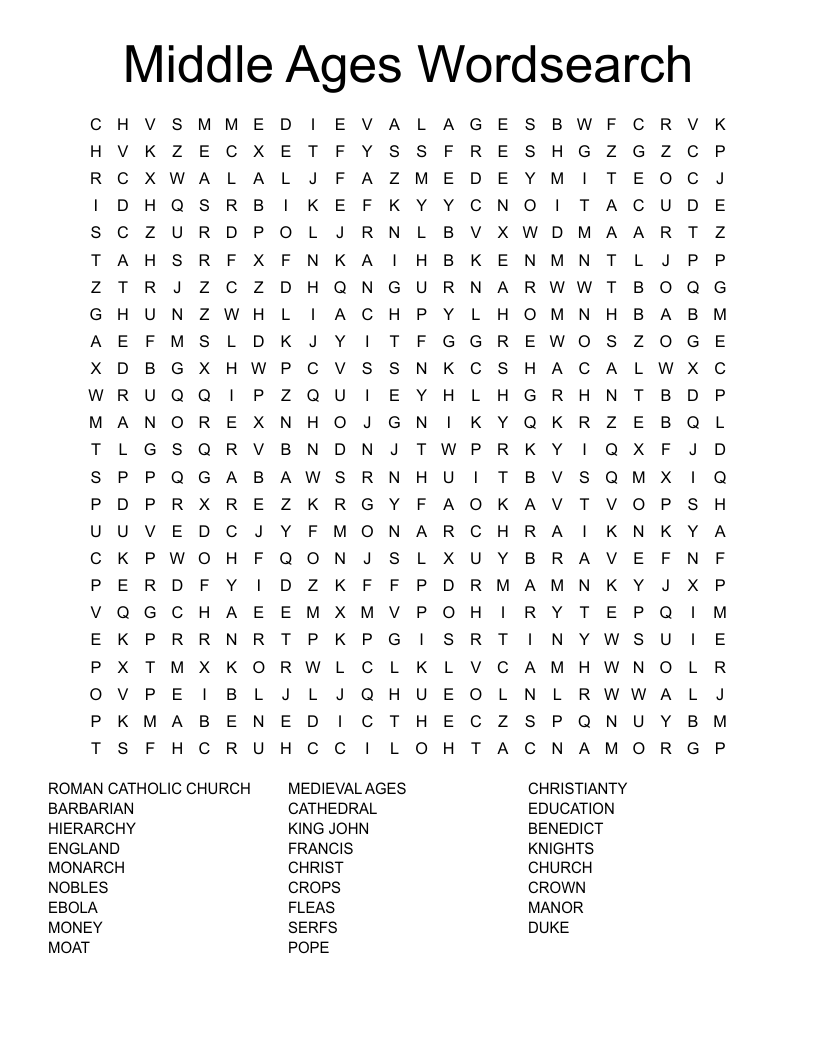 Middle Ages Wordsearch