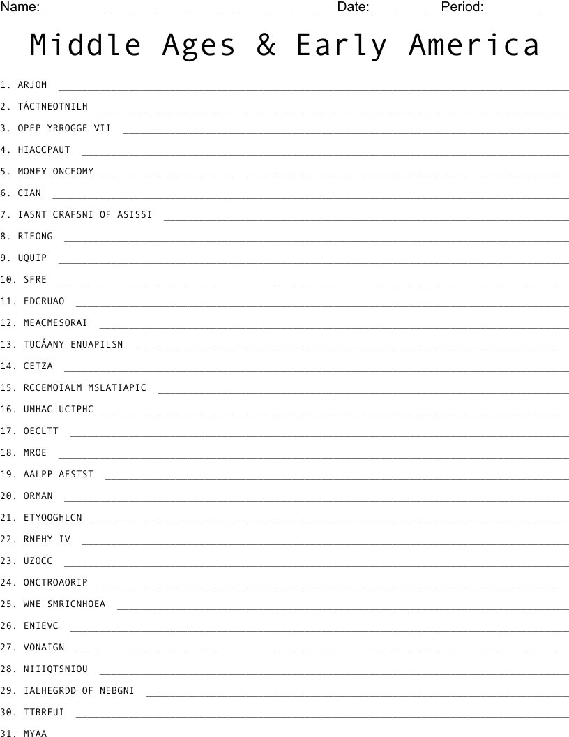 Middle Ages & Early America Word Scramble