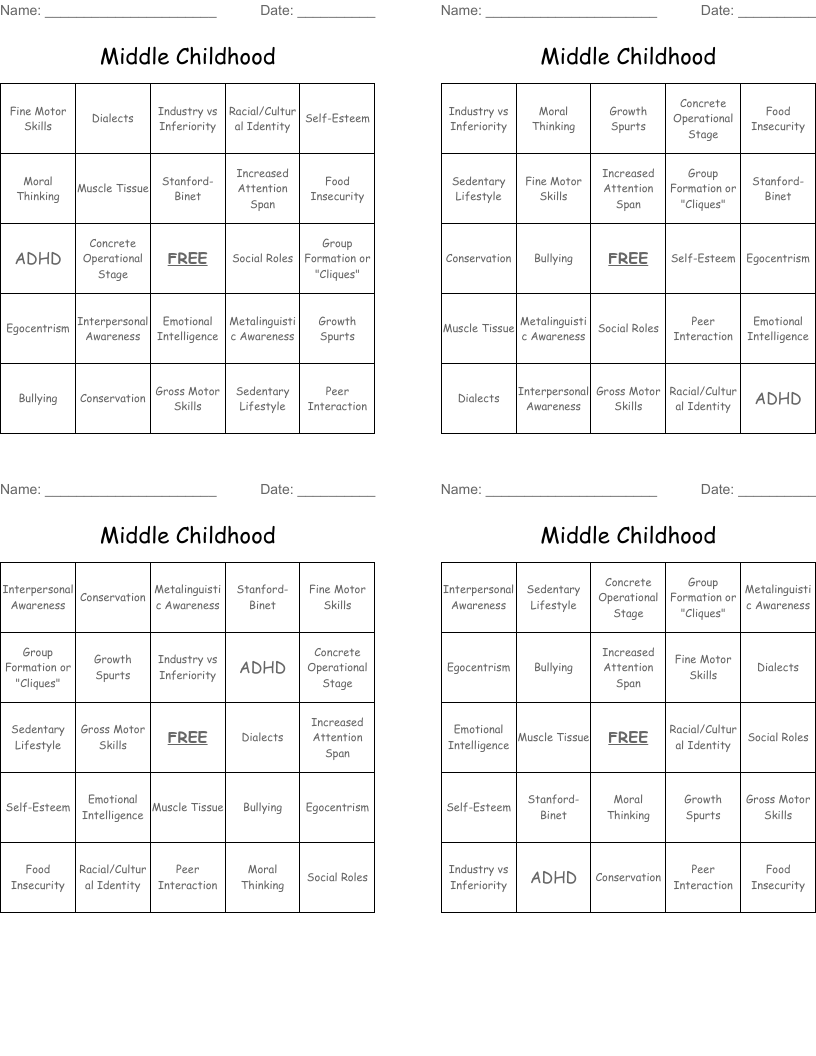 Middle Childhood  Bingo Cards