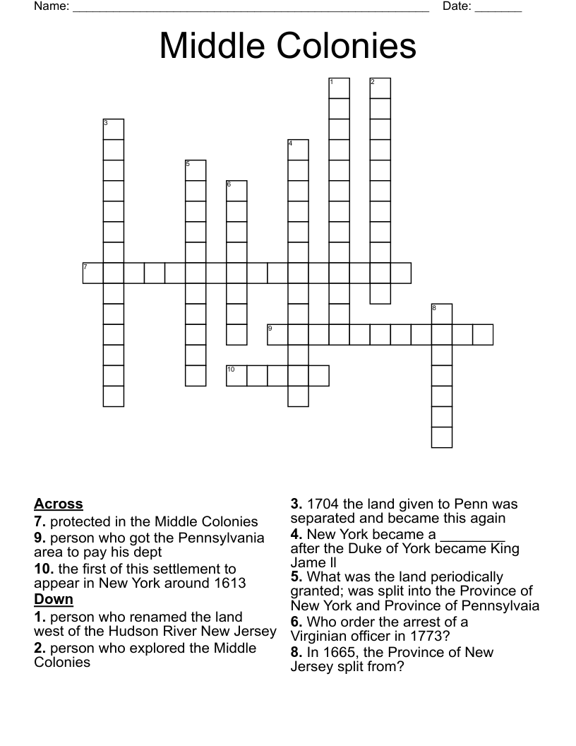 Middle Colonies Crossword