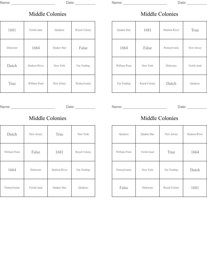Middle Colonies Bingo Cards