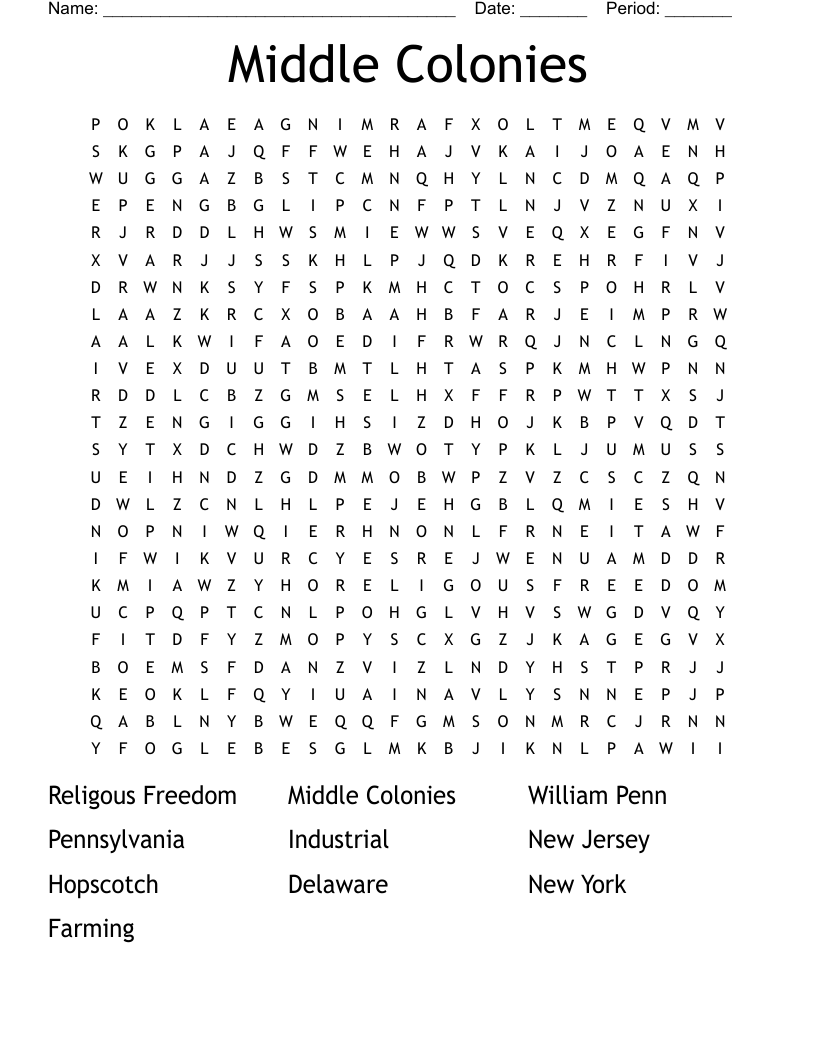 Middle Colonies Word Search