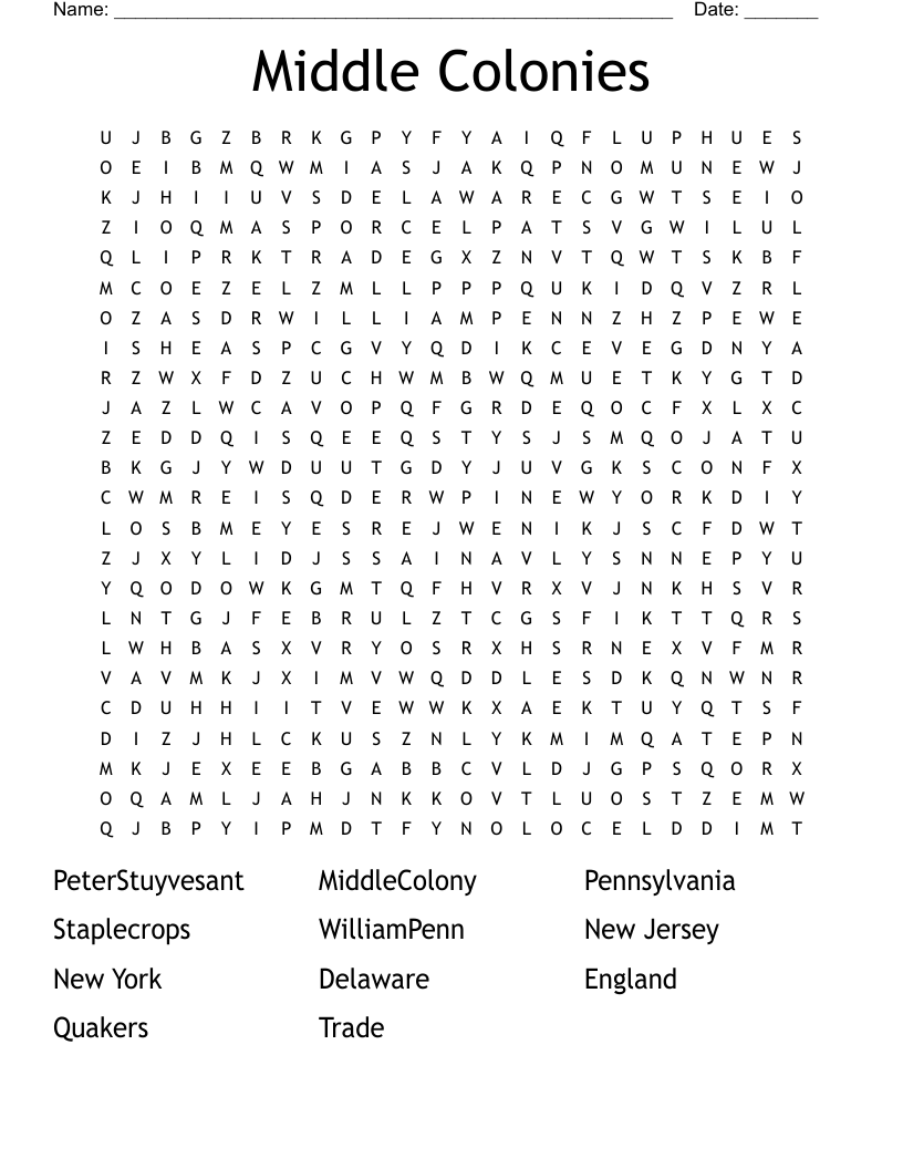 Middle Colonies Word Search