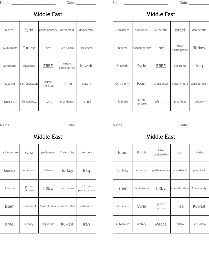 Middle East Bingo Cards