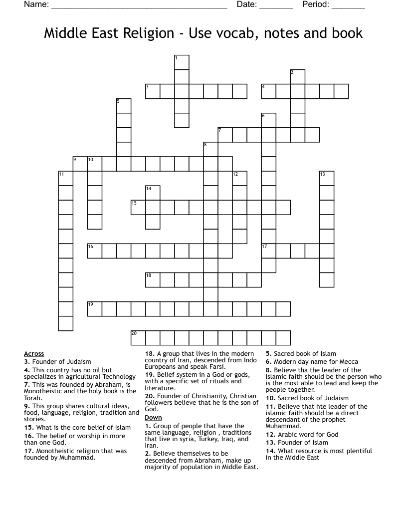 Middle East Religion - Use vocab, notes and book  Crossword