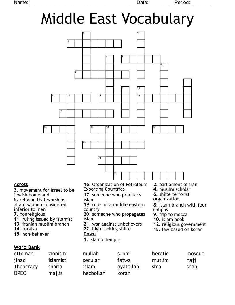 Middle East Vocabulary Crossword