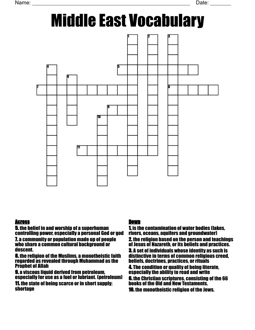 Middle East Vocabulary Crossword