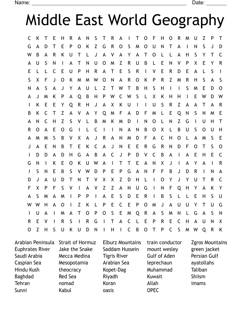 Middle East World Geography Word Search