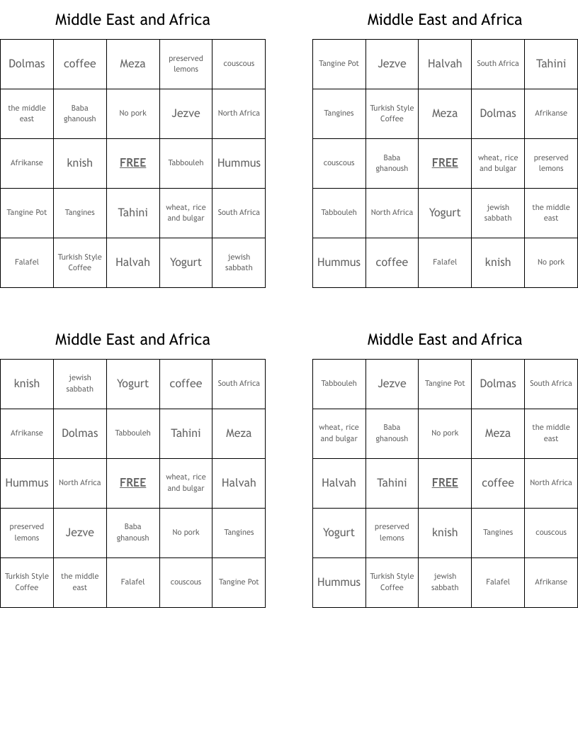 Middle East and Africa Bingo Cards