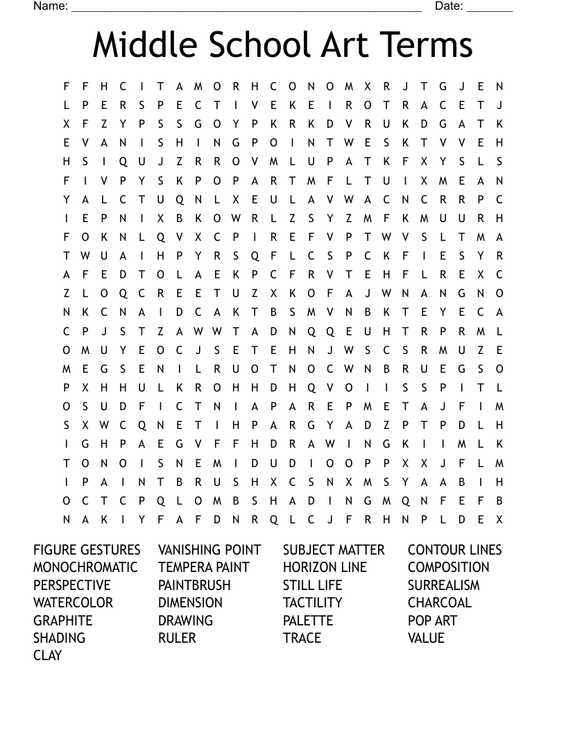 Middle School Art Terms Word Search