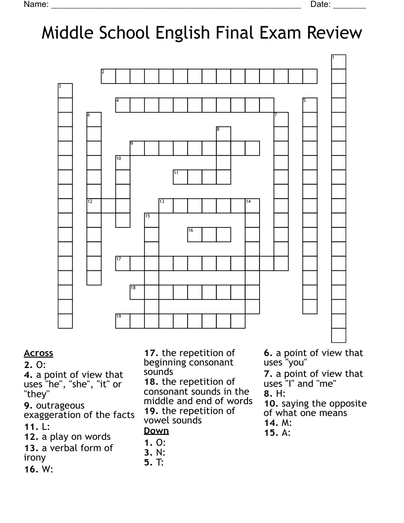 Middle School English Final Exam Review Crossword